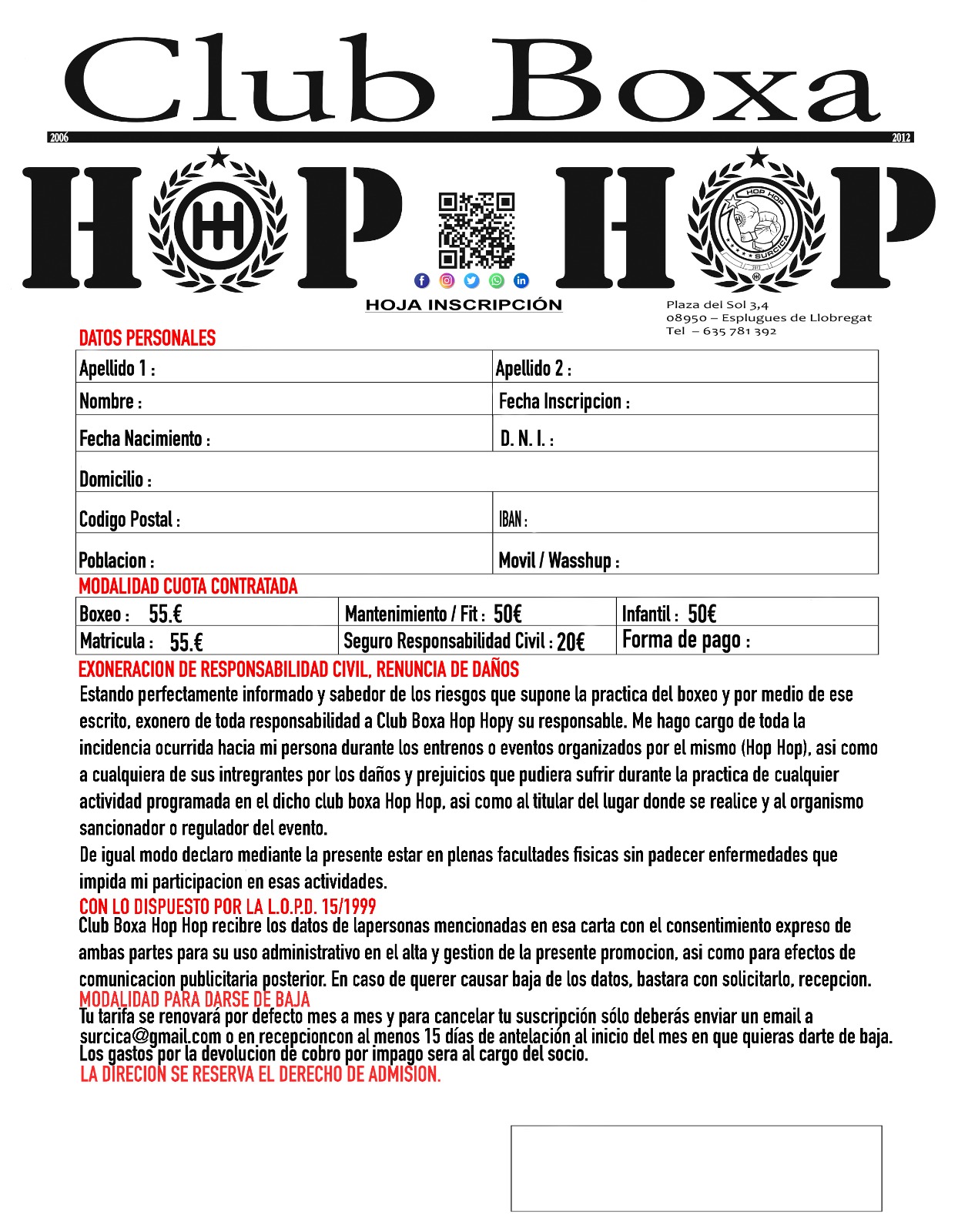 hoja de inscripción club boxeo hop hop